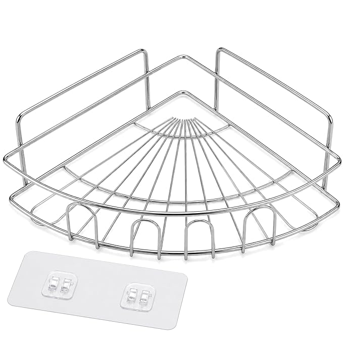 Sulfar Bathroom Organiser Without Drill Bathroom Corner Shelf Adhesive Stand for Corner Rack for, Shampoo Holder Multipurpose Shelf (Silver)