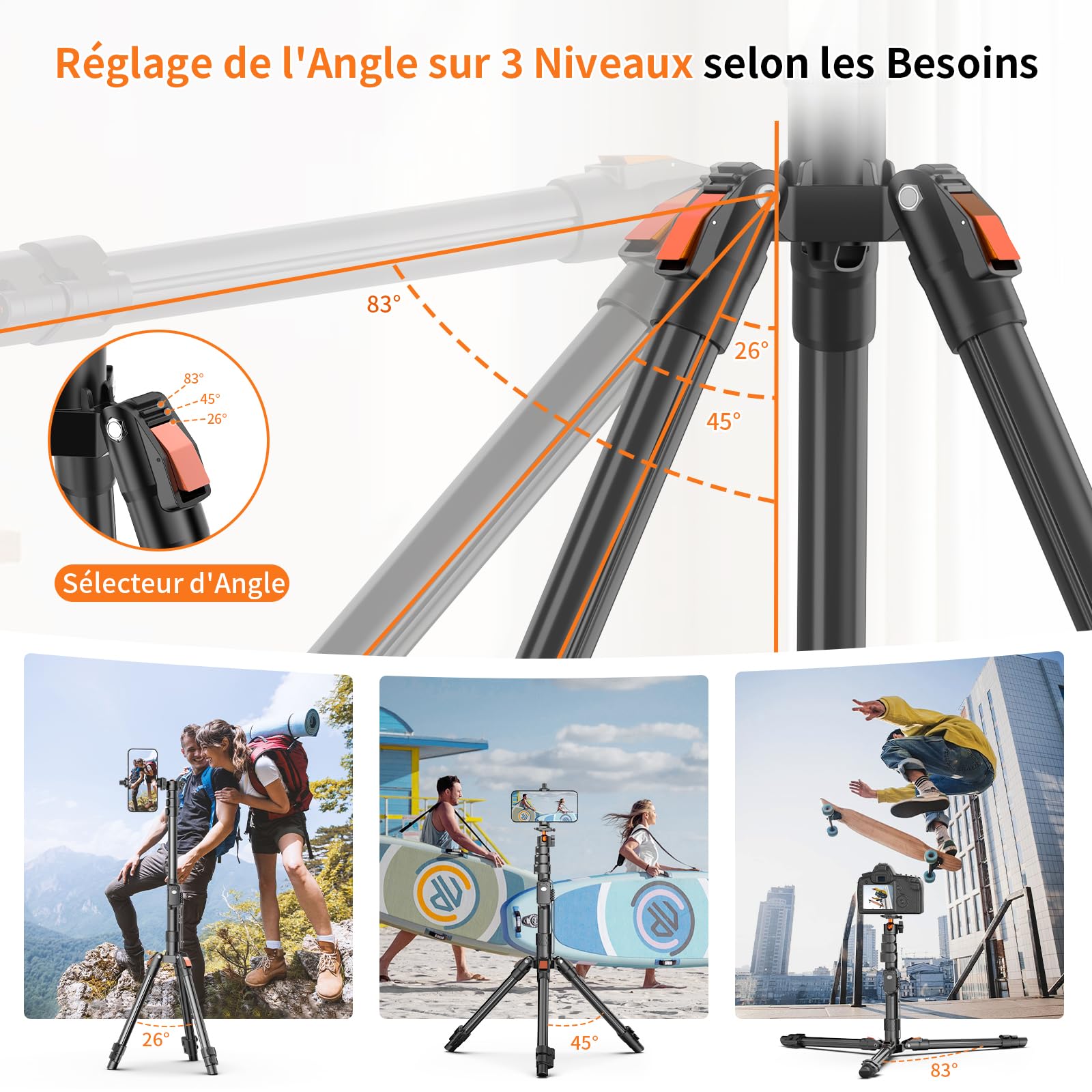 XXZU 191cm Trepied Appareil Photo, Matériel d'assemblage pour Studio Photo, Trepied Telephone Léger En Aluminium Avec Support Pour Téléphone Et Rotule À 360°, Trépied Pour Caméra/Smartphone/Projecteur