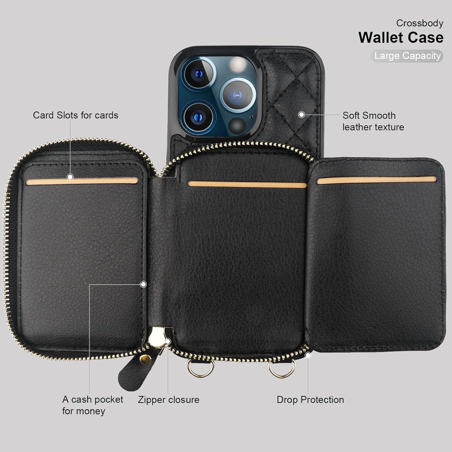 Bocasal Crossbody Wallet Case for iPhone 13 Pro, RFID Blocking PU Leather Zipper Handbag Purse Flip Cover, Kickstand Folio Case with Card Slots Holder Wrist Strap Lanyard 5G 6.1 Inch (Black) - Image 7