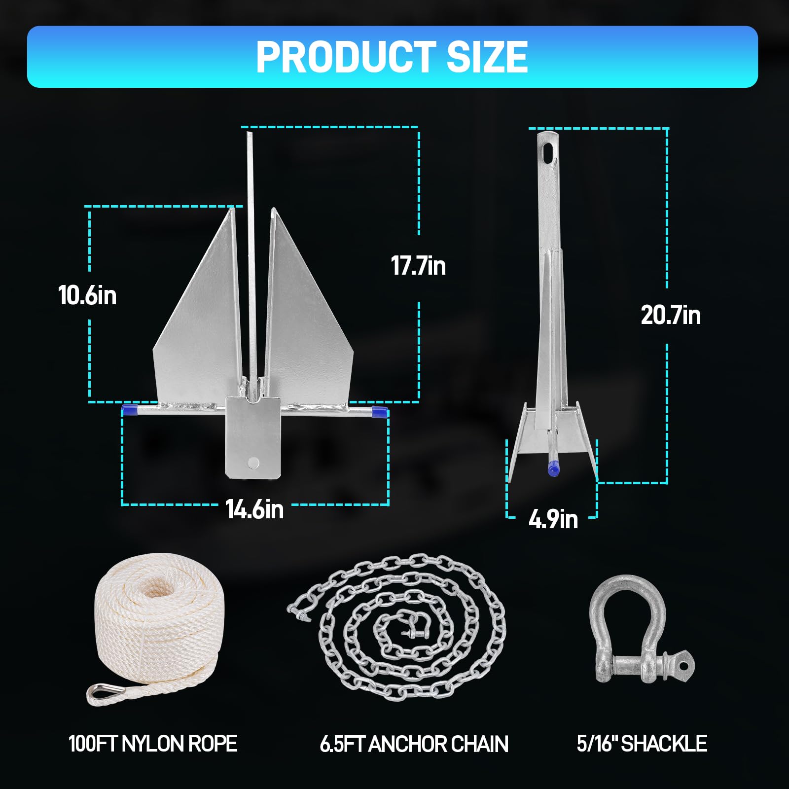 Kit di ancoraggio per barche resistente, stile Fluke, con catena e corda, compatibile con pontone, ponte, pesca e barche a vela, in acciaio zincato