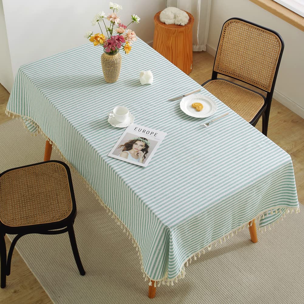 meioro Tablecloths Striped Tassel Table Cloth Rectangular Tablecloth Cotton Linen Table Cover Suitable for Home Kitchen Decoration (Green/White Stripes,140×250cm) - Image 2