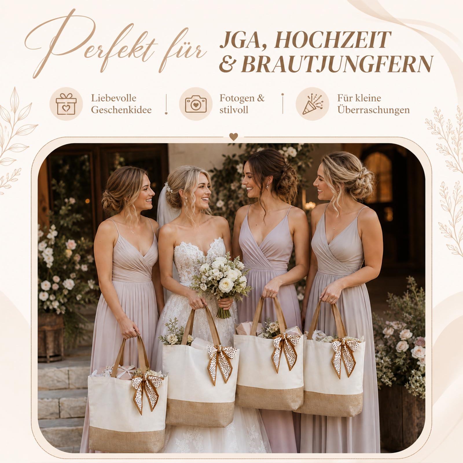 Xuniea 4 Set Borsa in Juta Borse Tote con Fiocco per Matrimonio Regalo per Damigella d'Onore in Cotone e Juta per Sposa, Team della Sposa, Addio al Nubilato