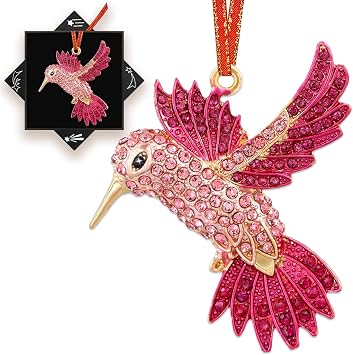 Pink Hummingbird Christmas Ornament 2026, Gift for Bird Lovers | Pink hummingbird ornament with rhinestones, pearls, ribbon and gift box, perfect for bird lovers and Christmas decor