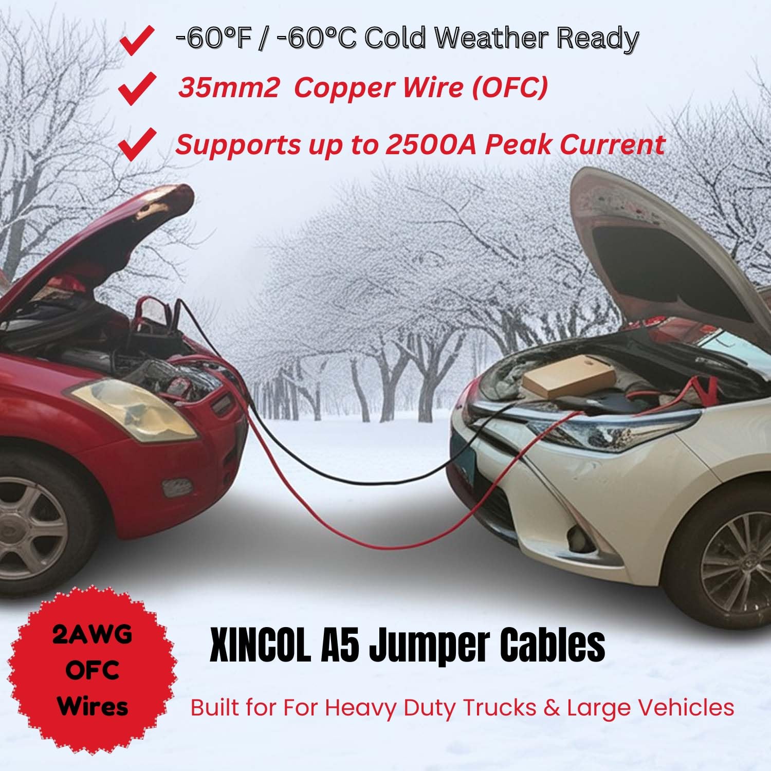 XINCOL A5 Heavy Duty 1-Gauge Ultra 2500A 100% drut miedziany, kabel wzmacniający, do ciężarówki, zapobiegający zamarzaniu, izolacja cieplna, z bezpłatną torbą do przenoszenia, rozmiar 6 m