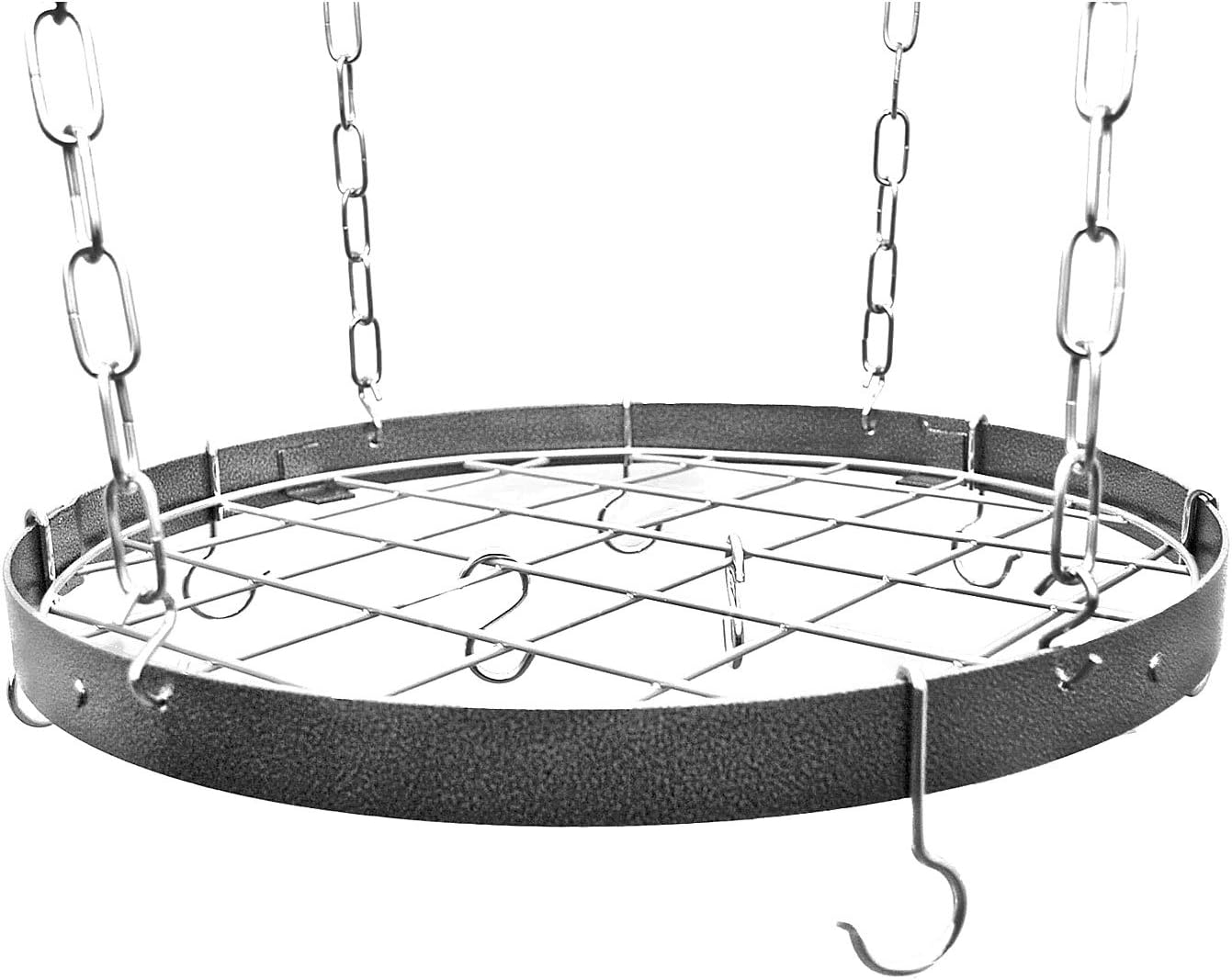 Gourmet Round Hanging Pot Rack with Grid Finish: Hammered Steel/Chrome