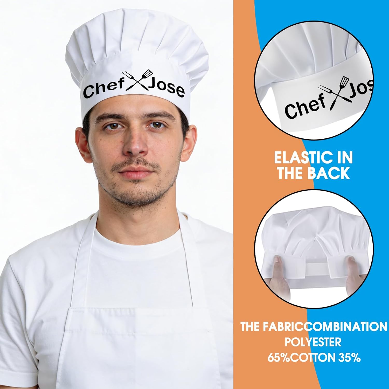 Personalized Chef Hat for Men Women Custom Chef Hats Name Adjustable Elastic Kitchen Cooking Grill BBQ Cap White - Image 3