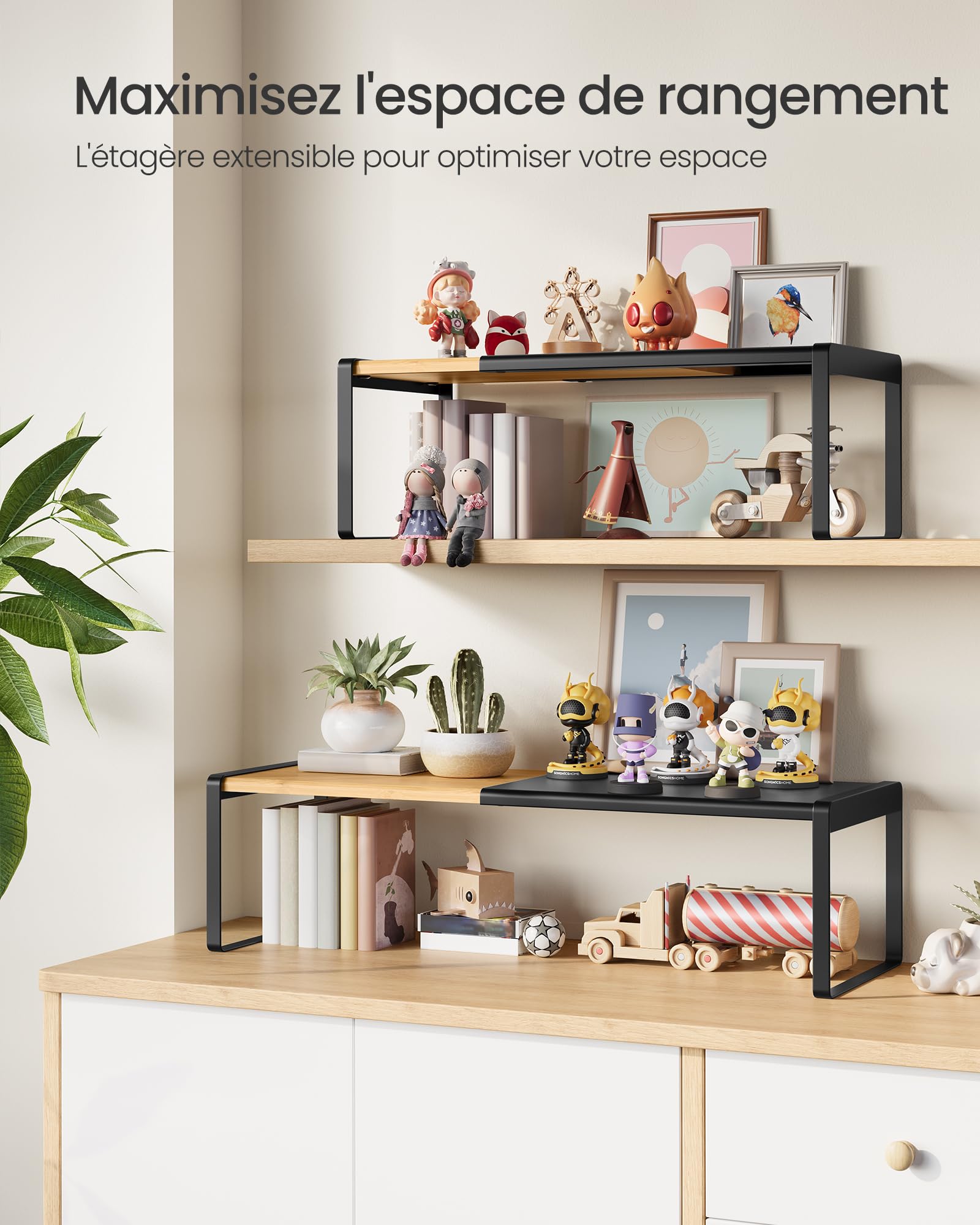 SONGMICS HOME Étagère à Épices, Lot de 2, Extensible, Organisateur de Cuisine, Porte-épices, Petite Étagère, Empilable, Organisateur, Banc à Chaussures, Beige Naturel et Noir d'Encre KCS051B01