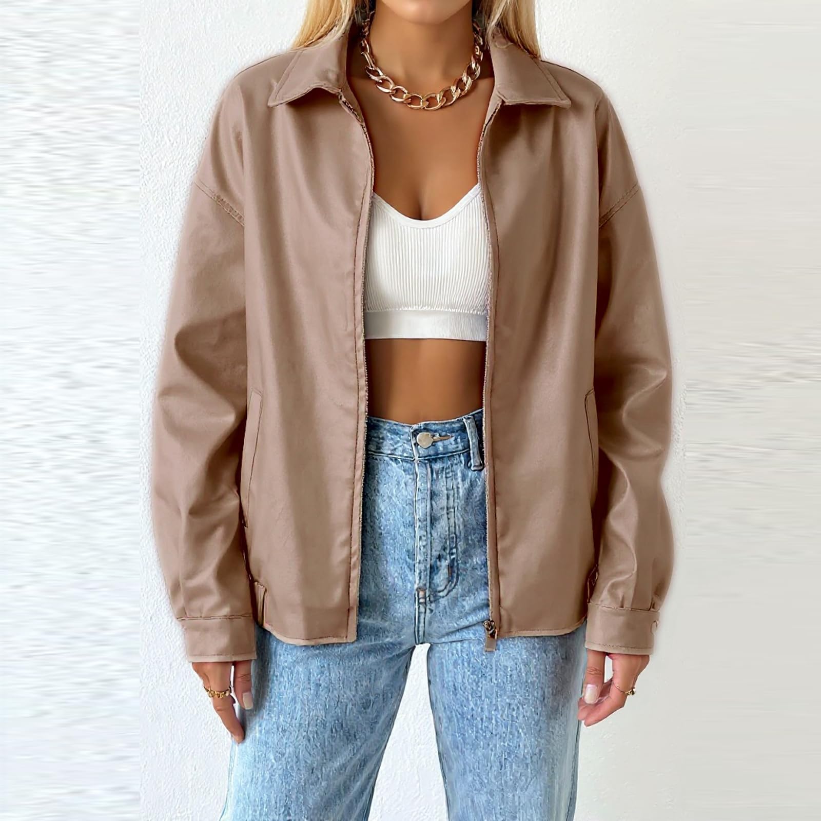 Generisch Lederjacke Damen Oversize Winterjacke Mittellang Warm Bikerjacke Casual Leichte Damen-Jacken Vintage Ledermantel Dünne Langarm Übergangsjacke Leder Bomberjacke Einfarbig Wintermantel