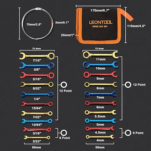 Miniatura 6 de Juego de llaves combinadas pequeñas, métricas y estándar, 20 piezas de 0.157-0.433 in y 532 pulgadas a 716 pulgadas, chapadas en color, abiertas y