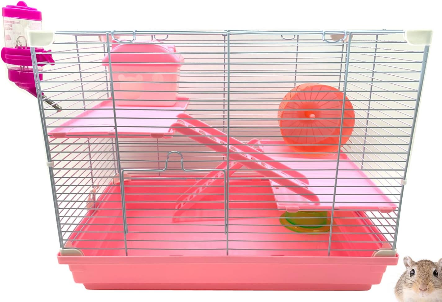 Pink Multi-Level Habitat Hamster Home Rodent Gerbil Mouse Mice Rat Wire Cage with Complete Set of Accessories Hide House Exercise Running Wheel Water Bottle Food Dish Deep Base