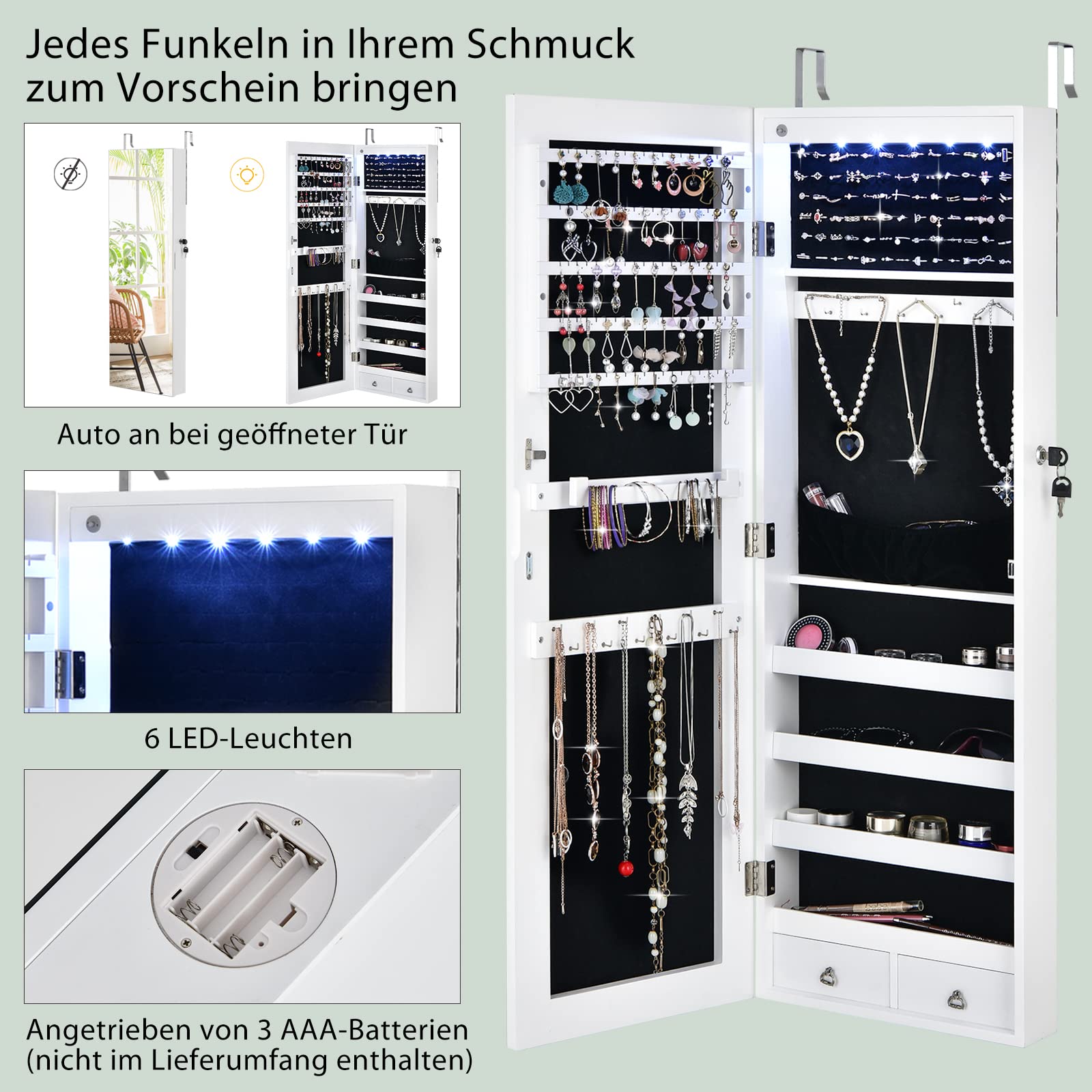 COSTWAY Verspiegelter Schmuckschrank mit 6 LED-Leuchten & 2 Schubladen, Schmuck Hängeschrank abschließbar, Sipegelschrank Schrank Wand- / Türmontage (Weiß)