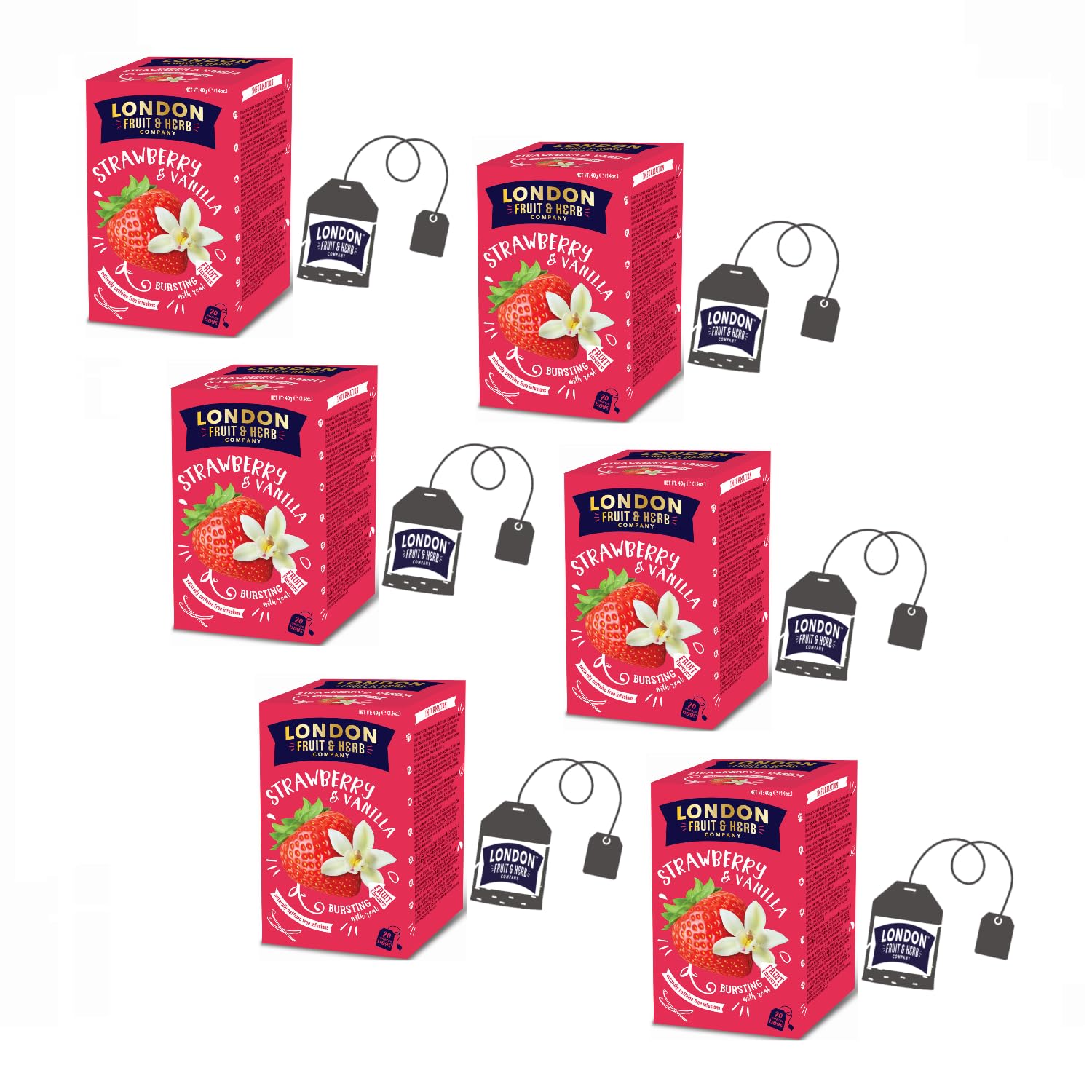 London Fruit® | Napar Truskawkowo-Waniliowy | Pojedyncze saszetki naparu z hibiskusa, truskawki i wanilii - 6 x 20 filtrów (240 gr) | Herbata ziołowa bez kofeiny