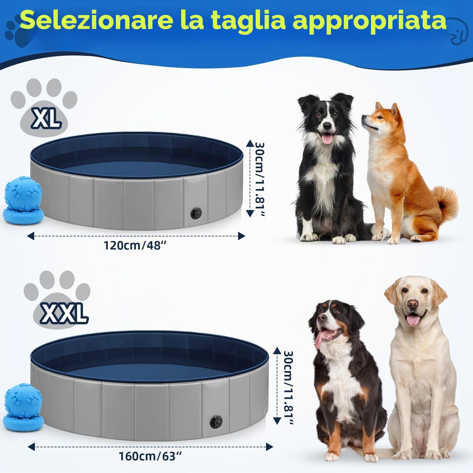 Piscina per cani extra large, 160 cm, resistente, pieghevole, per cani di grossa taglia, antiscivolo, con valvola di scarico e 2 giocattoli da masticare, piscina pieghevole per cani, per giardino