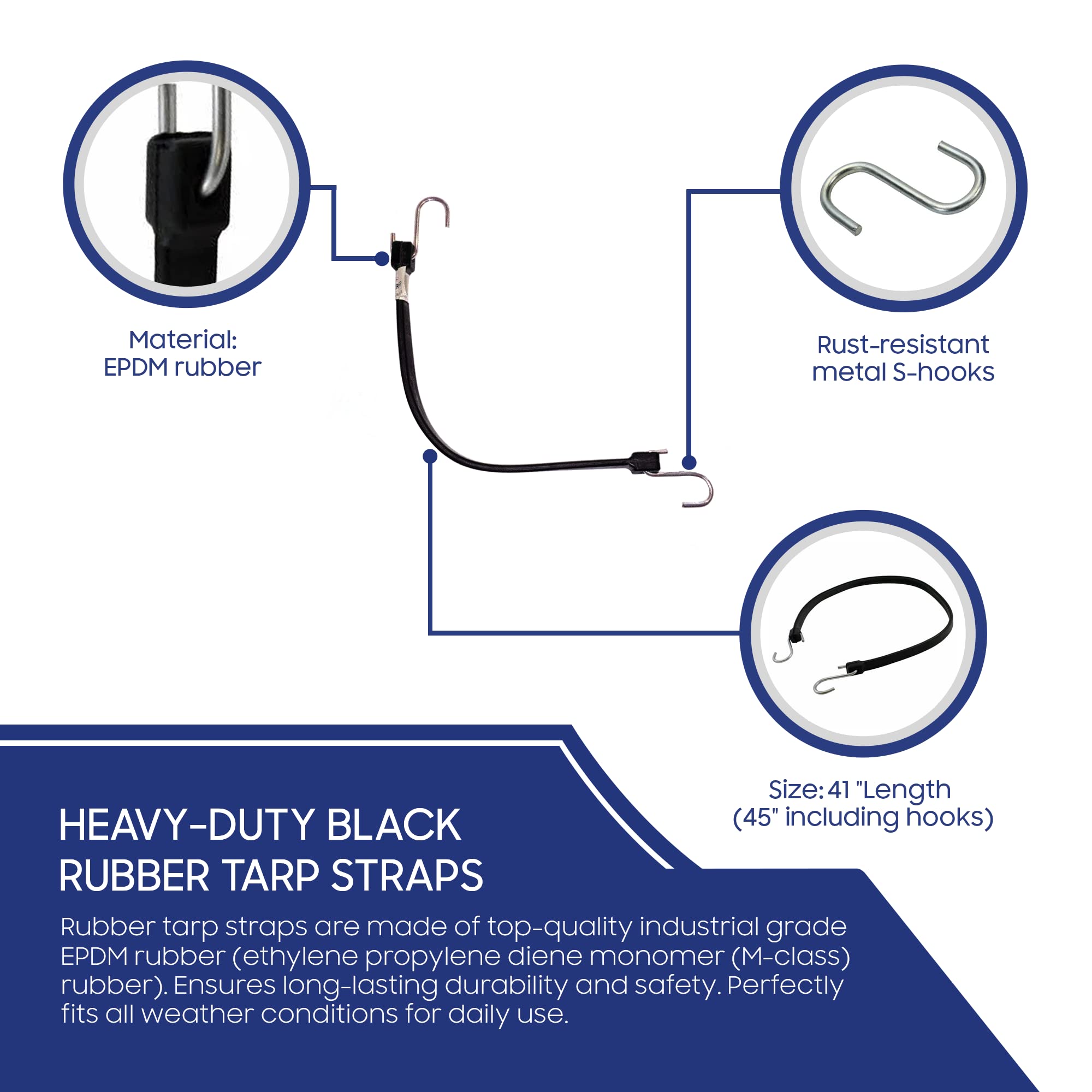 Tarps Now 31” EPDM Rubber Tarp Straps, (31 inches) - Heavy Duty Rubber Cords Bungee Straps with S Hooks for Securing Tarps, Canvas, Camping, Canopy, Cargo and Scaffolding - Black, 50 Pieces