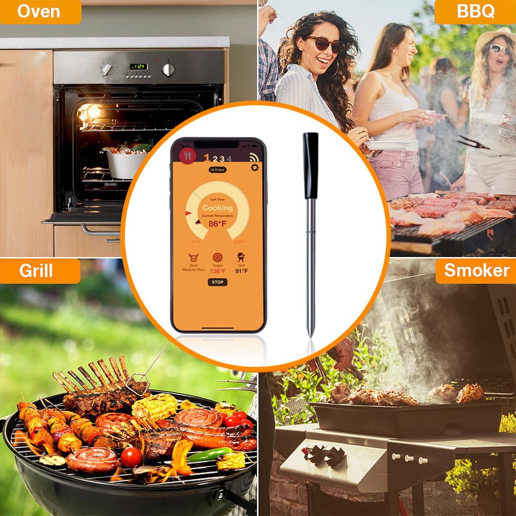 Termómetro de barbacoa para ahumador de barbacoa con cuatro sondas Bluetooth, termómetro Digital para carne ABS lectura precisa y rápida