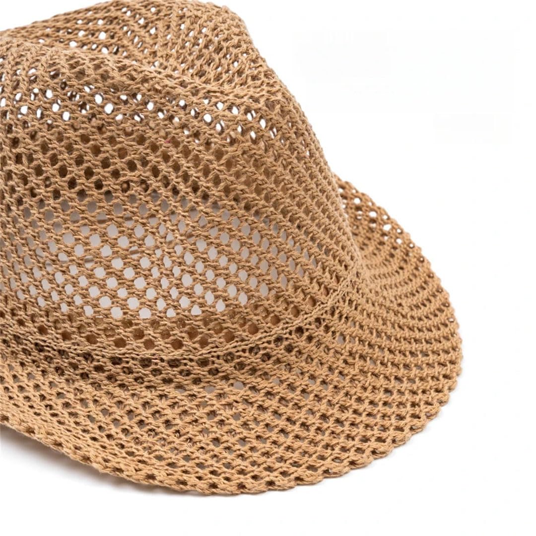 Cappello Panama unisex traspirante design a rete in cotone-poliestere materiale tesa compatta circonferenza testa Jazz Cap, Marrone, 7.125