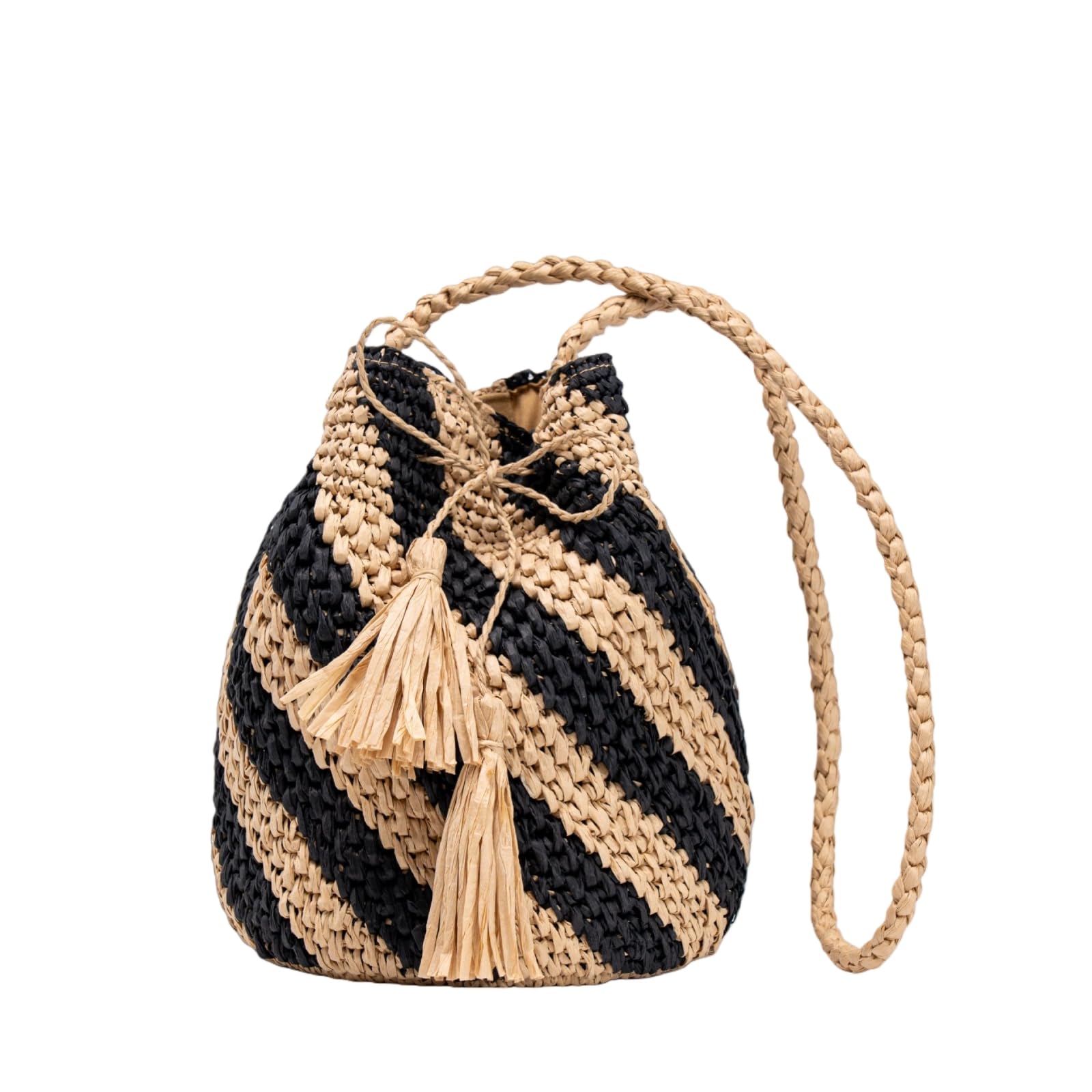 Borsa Donna A Spalla Stile Bohemia Erba Fatta Mano Tessuto Crossbody Tempo Libero Vacanze Spiaggia Secchio Borsa-Black