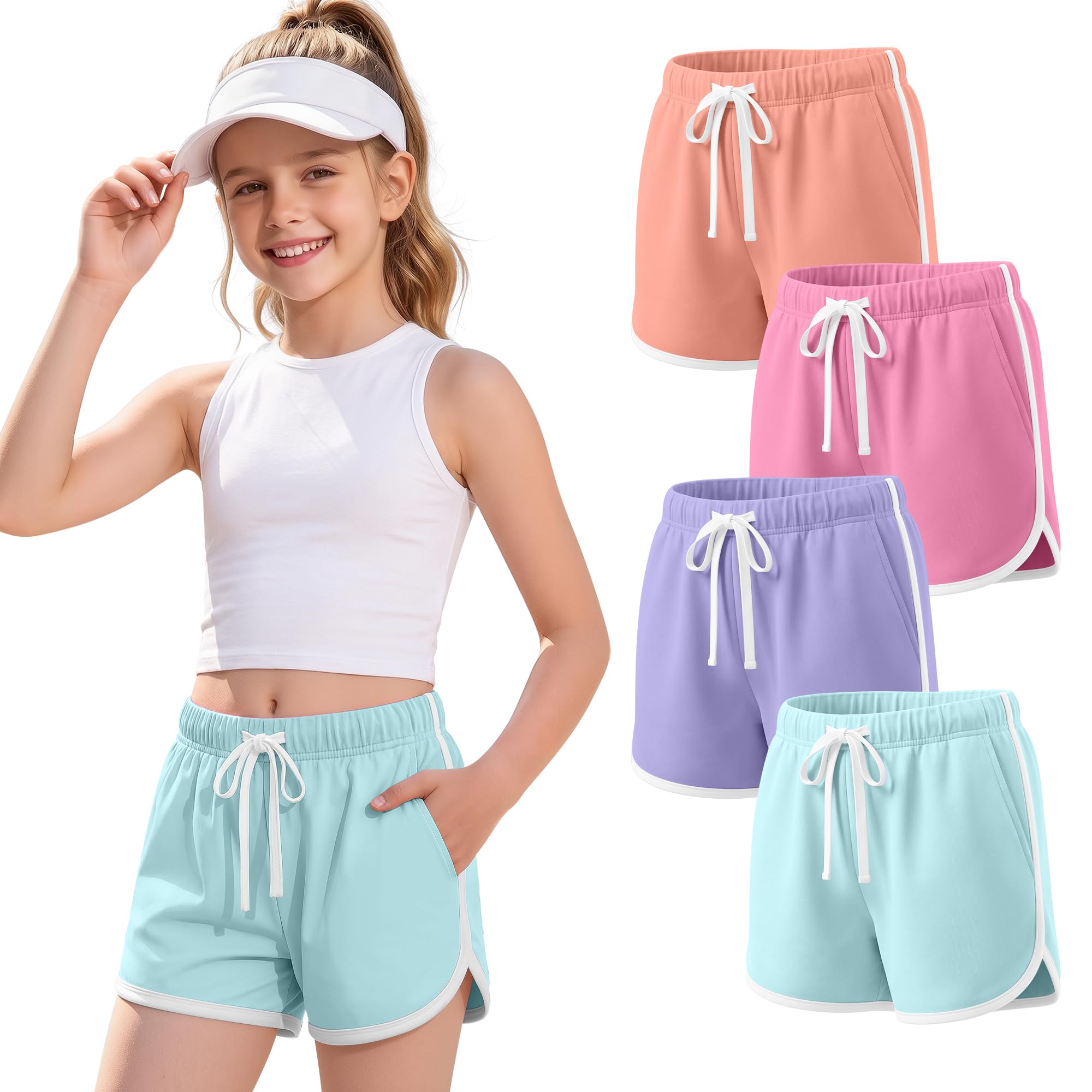 Halfchet 4 Pack Girls' Athletic Dolphin Shorts | Elastic Waist, Drawstring, Running, Basketball, Soccer Shorts, with Pockets, for Teen Girls 5-16 Years