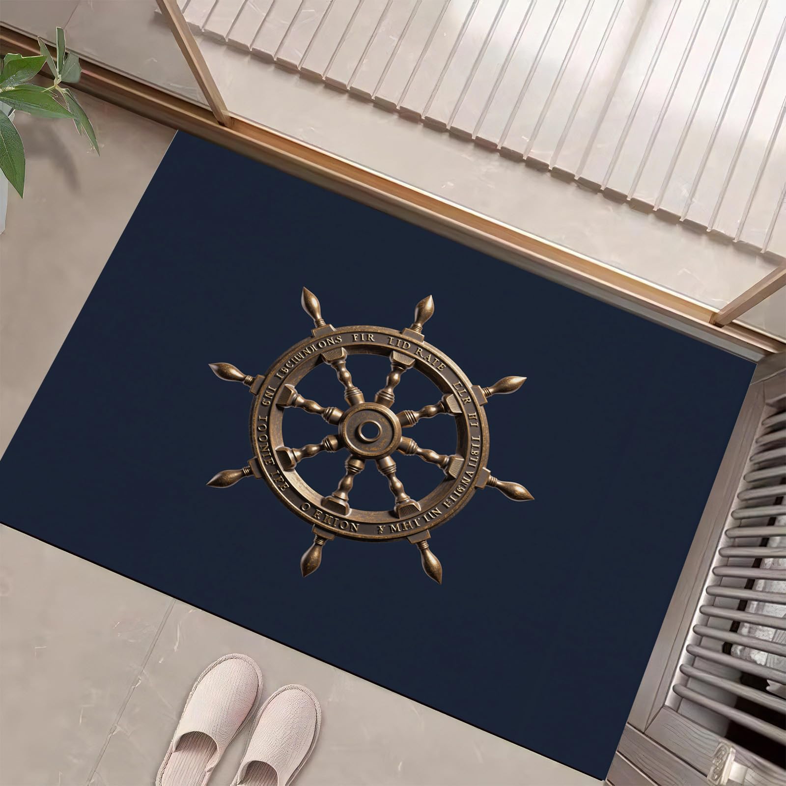 Tappeto Diagramma Del Timone Della Nave Classica Ingresso Interno, Zerbino Tappeti Stile Nautico Classico 80 X 120 Cm Antiscivolo Lavabile In Lavatrice Bronzo Camera Da Letto Entrata Scendiletto