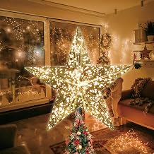 LAMPHOME 9" 10L Christmas Tree Topper,Gold Glitter Star Tree Topper, Golden Chrome Lighted Christmas Star Treetop 10 Warm White Lights, Festive Xmas Tree Top Decoration for Indoor Holiday Home Decor