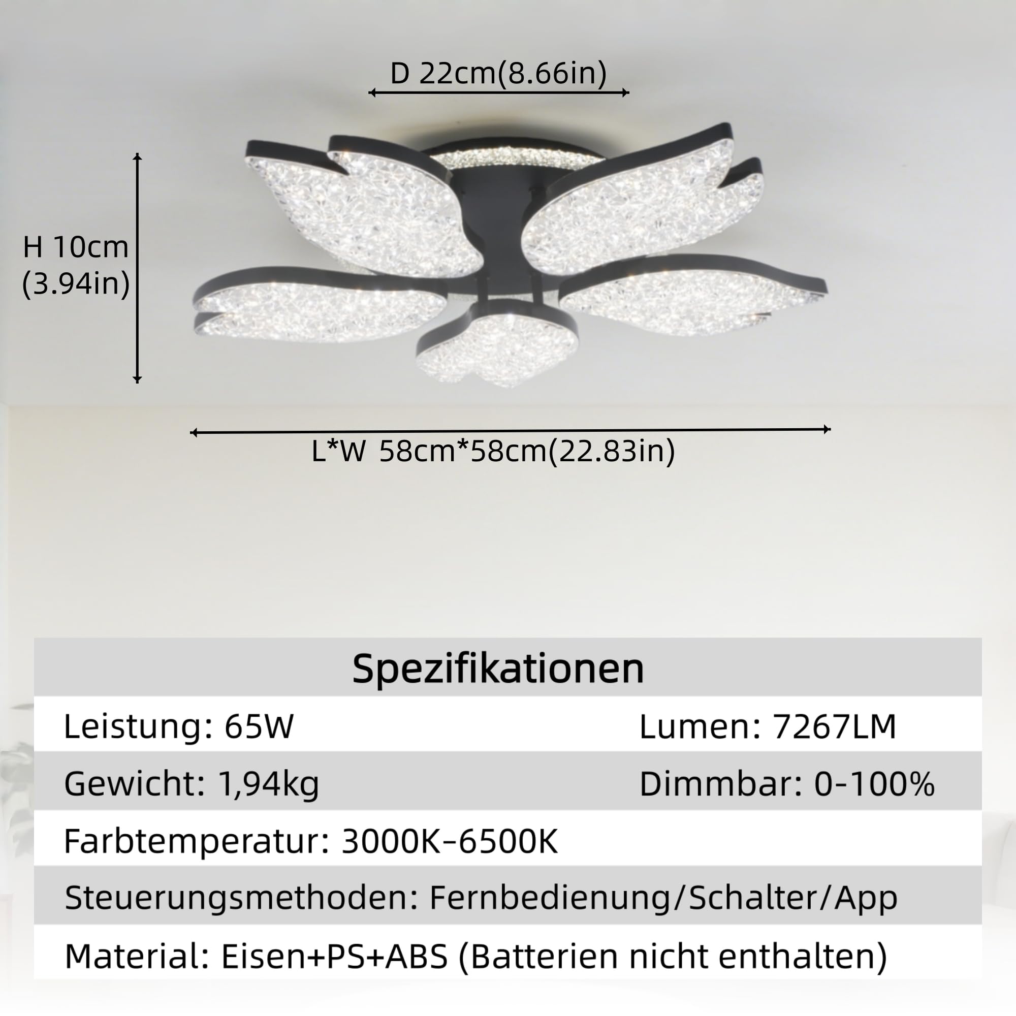 LED Wohnzimmer Deckenlampe Blume, Deckenleuchte Wohnzimmer Modern mit Speicherfunktion, Energieeffizient Dimmbare Wohnzimmerlampe Decke mit Fernbedienung/App-Steuerung für Esszimmer/Wohnzimmer/Flur