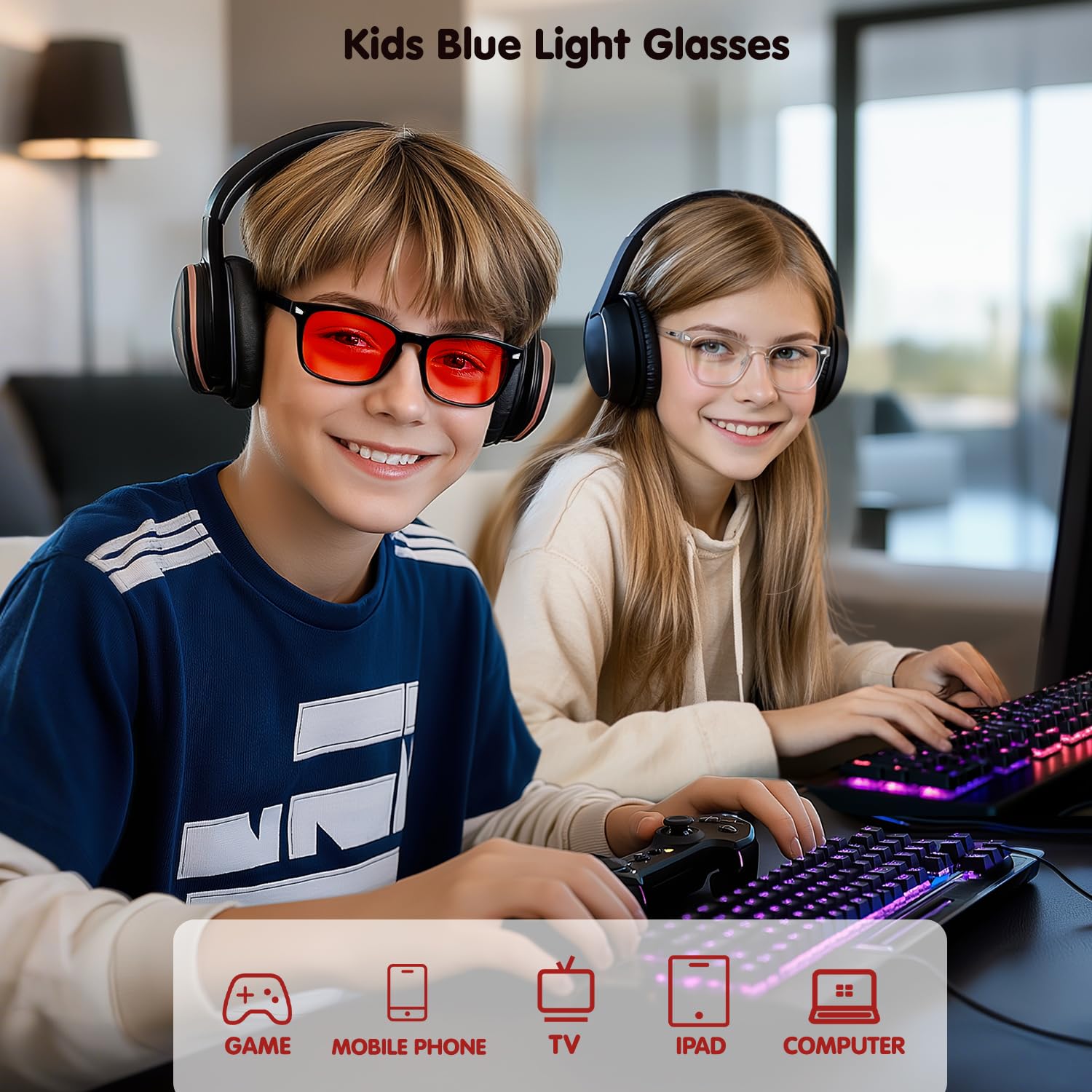 Lunettes anti-lumière bleue pour enfants, garçons, filles, adolescents, lunettes d'ordinateur avec cadre incassable et protection contre l'éblouissement