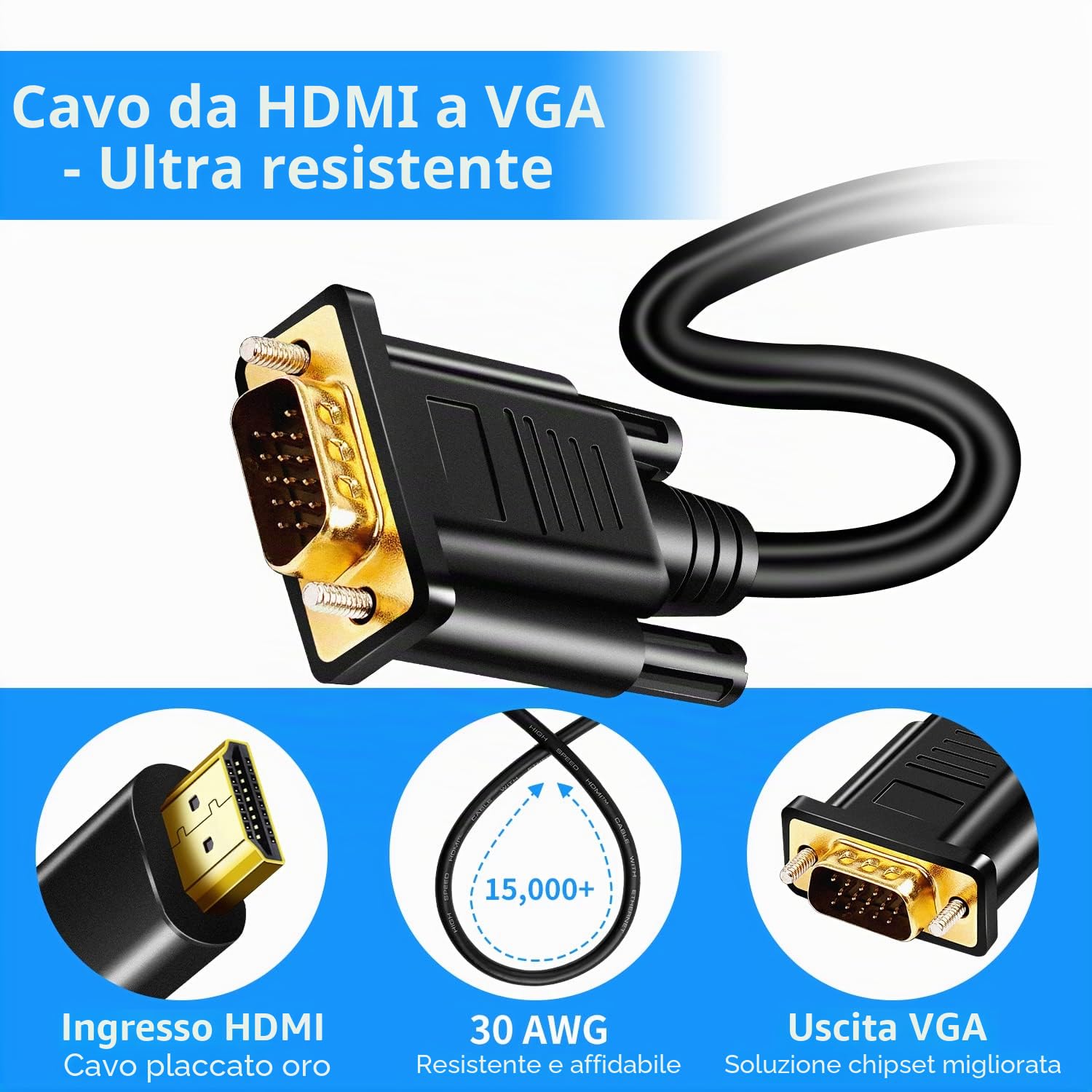 Herfair Cavo da HDMI a VGA, adattatore HDMI-VGA placcato in oro 1080P, cavo attivo di conversione video da HDMI digitale a VGA analogico per desktop, laptop, proiettore, monitor, HDTV, Xbox (3 m)
