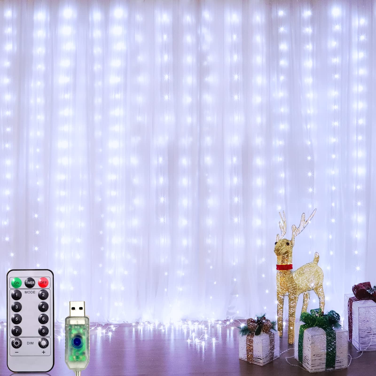 Photo 1 of [ Timer+8 Modes ] Curtain Lights for Bedroom, 240 LED Curtain Fairy Lights USB Powered Hanging String Lights with Remote Waterproof Lights for Window Wall Wedding Party Indoor Outdoor Home Decor Cool White