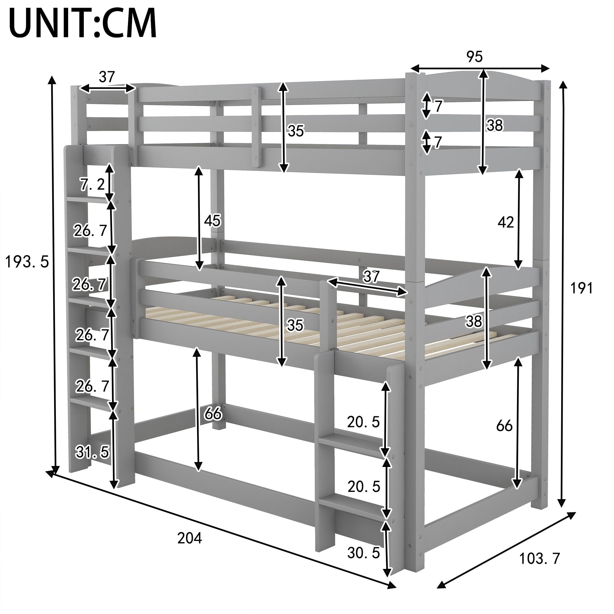 Azkoeesy Litera para 3 Niños 90x200 cm, Estructura Modular, con Somier y Barandilla de Seguridad, Madera de Pino Color Gris
