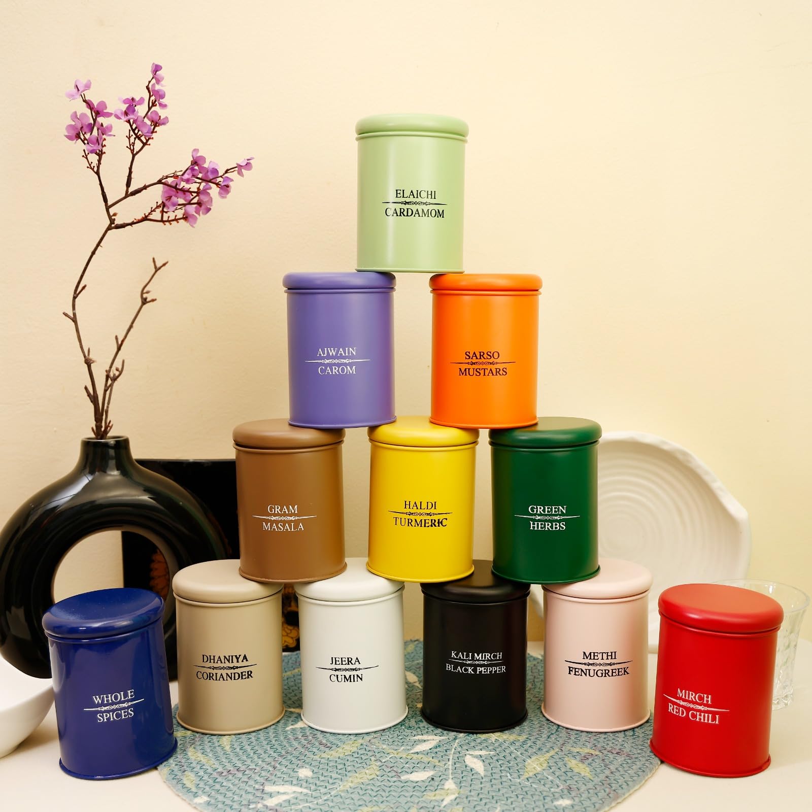Indilotus Set Of 12 Colorful Spice Boxes And Masala Daani, Airtight Kitchen Storage Containers Metal Jars With Labels Printed Capacity-300 Ml (Combo), Multicolor (B0D2V9XHJ6) Amazon Price History, Amazon Price Tracker