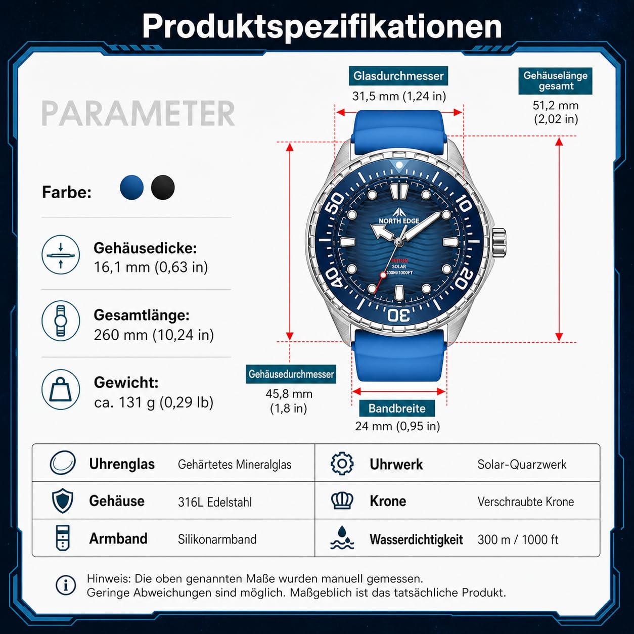 NORTH EDGE Triton Herren Solar Taucheruhr, 300 m wasserdicht, Quarz Armbanduhr mit Leuchtzeigern, drehbarer Lünette, verschraubter Krone, Outdoor Dive Watch