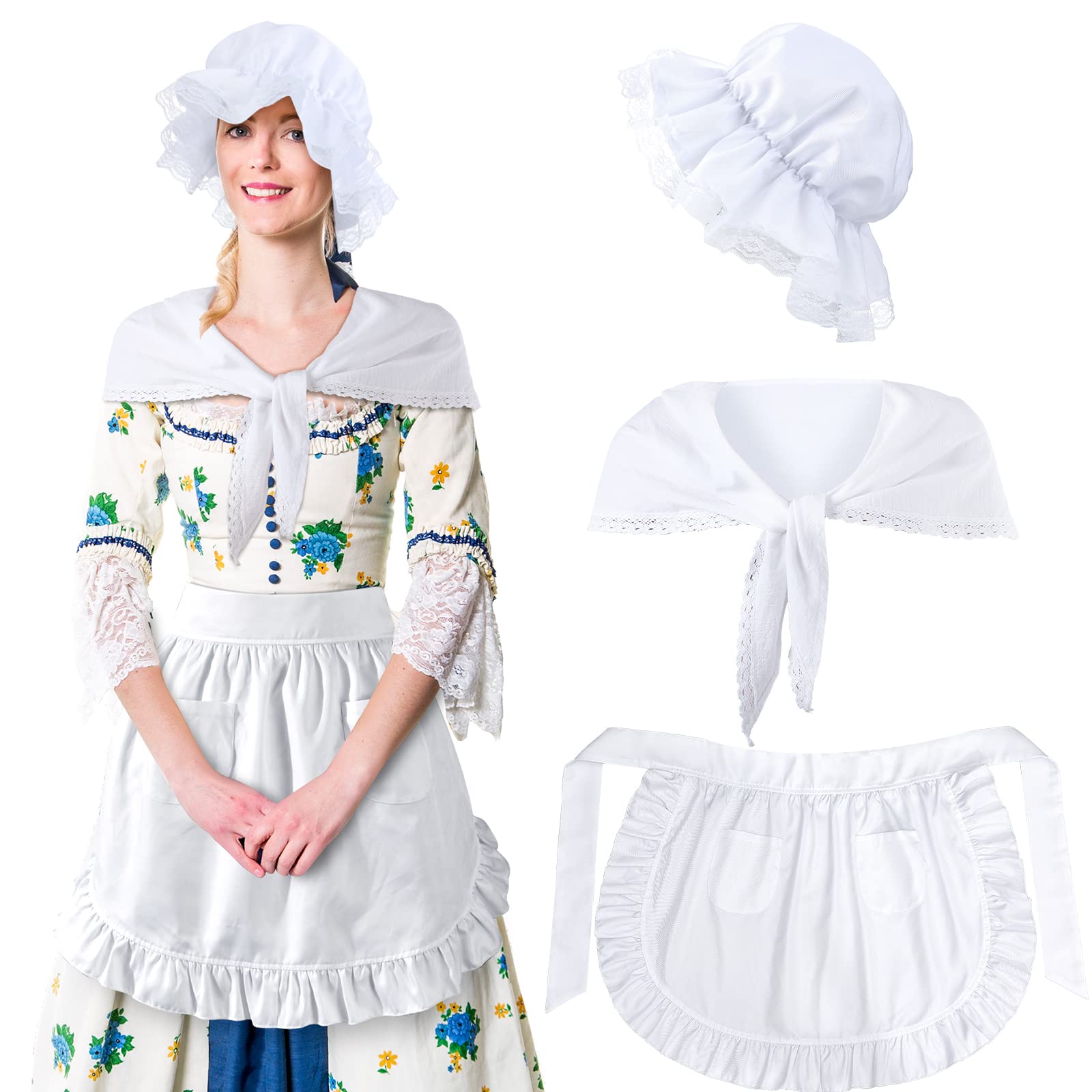 Hercicy6 Pcs Halloween Colonial Costume Women Set White Mob Cap Bonnet Shawl Waist Apron Pilgrim Costume Accessories Girl