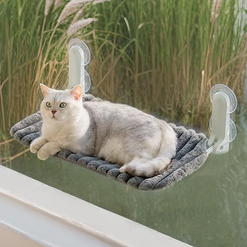 MEWOOFUN Katzenfenster-Sitzstange Faltbar mit abnehmbarem und wendbarem Bezug - Weiche Katzenfenster Hängematte mit verstärktem Stahlrahmen stabil bis 18 kg belastbar (Grau, M) - Grau - M
