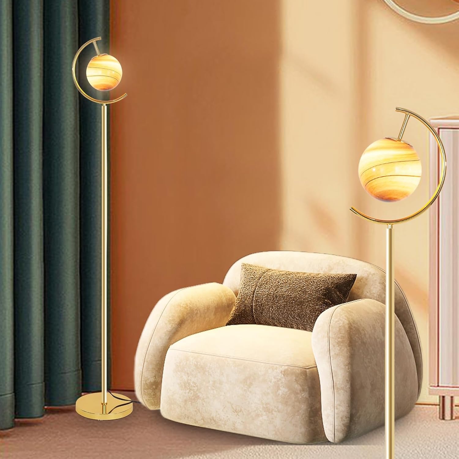 Stesulfr Globe Moon Floor Lamp Modern Gold Floor Light with Glass Shade Mid Century Standing Lights Fixture Metal Tall Pole Lamp for Living Room Bedroom Girls Room Dresser Office Nordic Standing Light