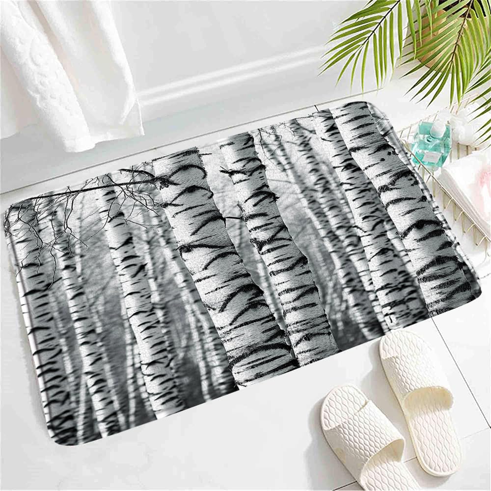 Birch Trees Bath Mat Gray White Mottled Trunk Tree Winter Birch Forest Neutral Botany Plant Nature Outdoors Theme Rugs Non-Slip Bathroom Mat Rug Bath