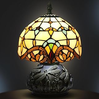Tiffany Style Table Lamp, Beige Baroque Stained Glass Lamp for Living Room, Bedside, 8 Inch Small Vintage Mushroom Lights Included 3 Color Temperatures Dimmable E27 LED