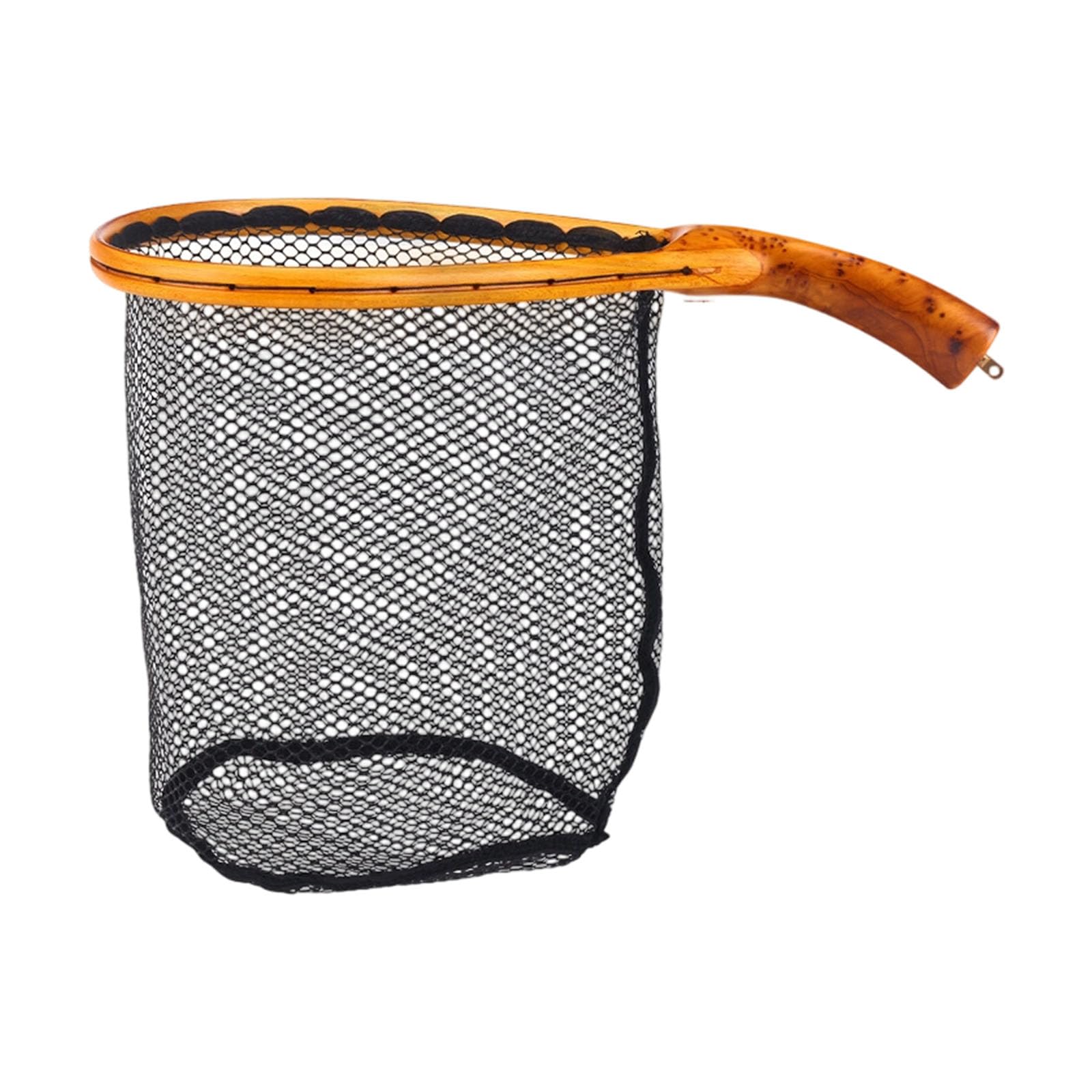 Retino da pesca curvo con manico in legno, design a maglie che protegge i pesci, compatta rete da pesca per pescatori, flussi, pesca