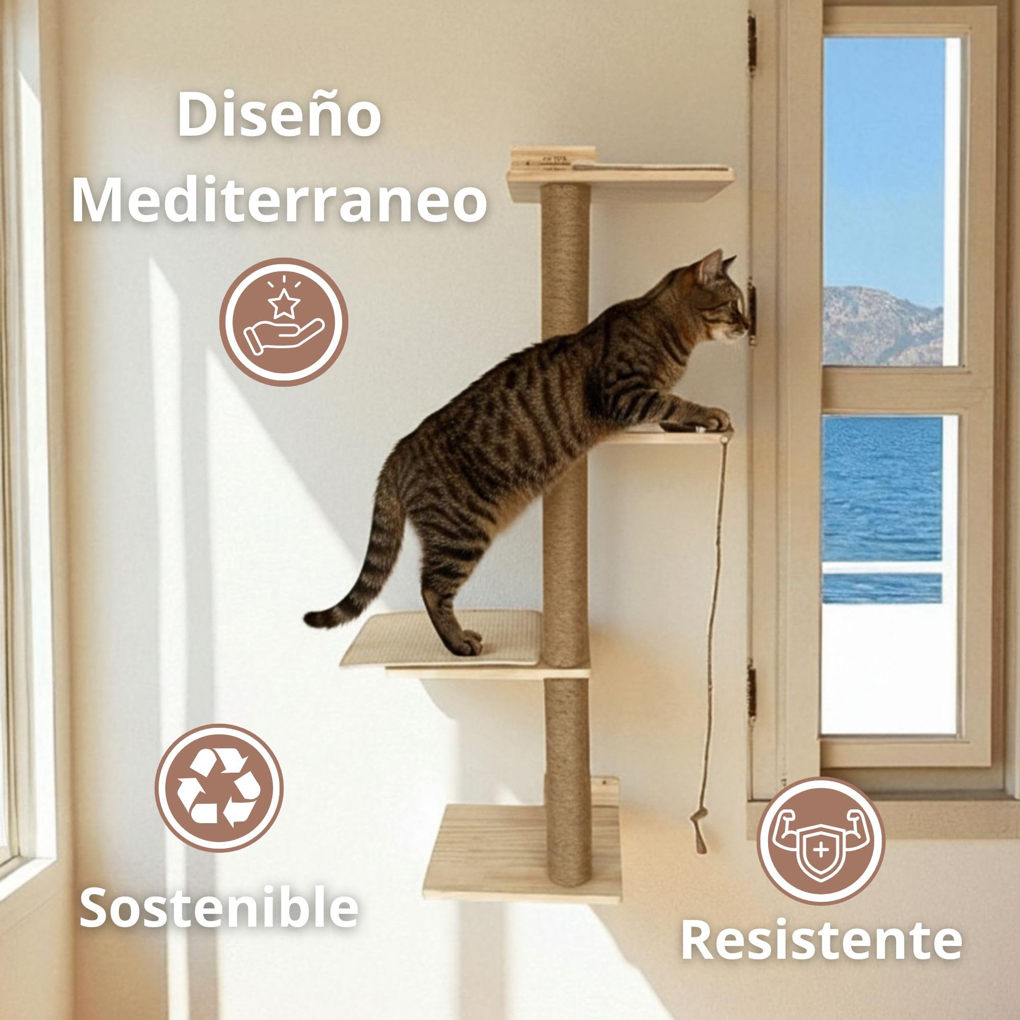 Árbol Rascador para Gatos Interior Salina 127 cm con Sistema Anticaída | Suelo o Pared, Madera de Pino Natural con Sisal y Cuerda de Yute | ALTHEA LIVING