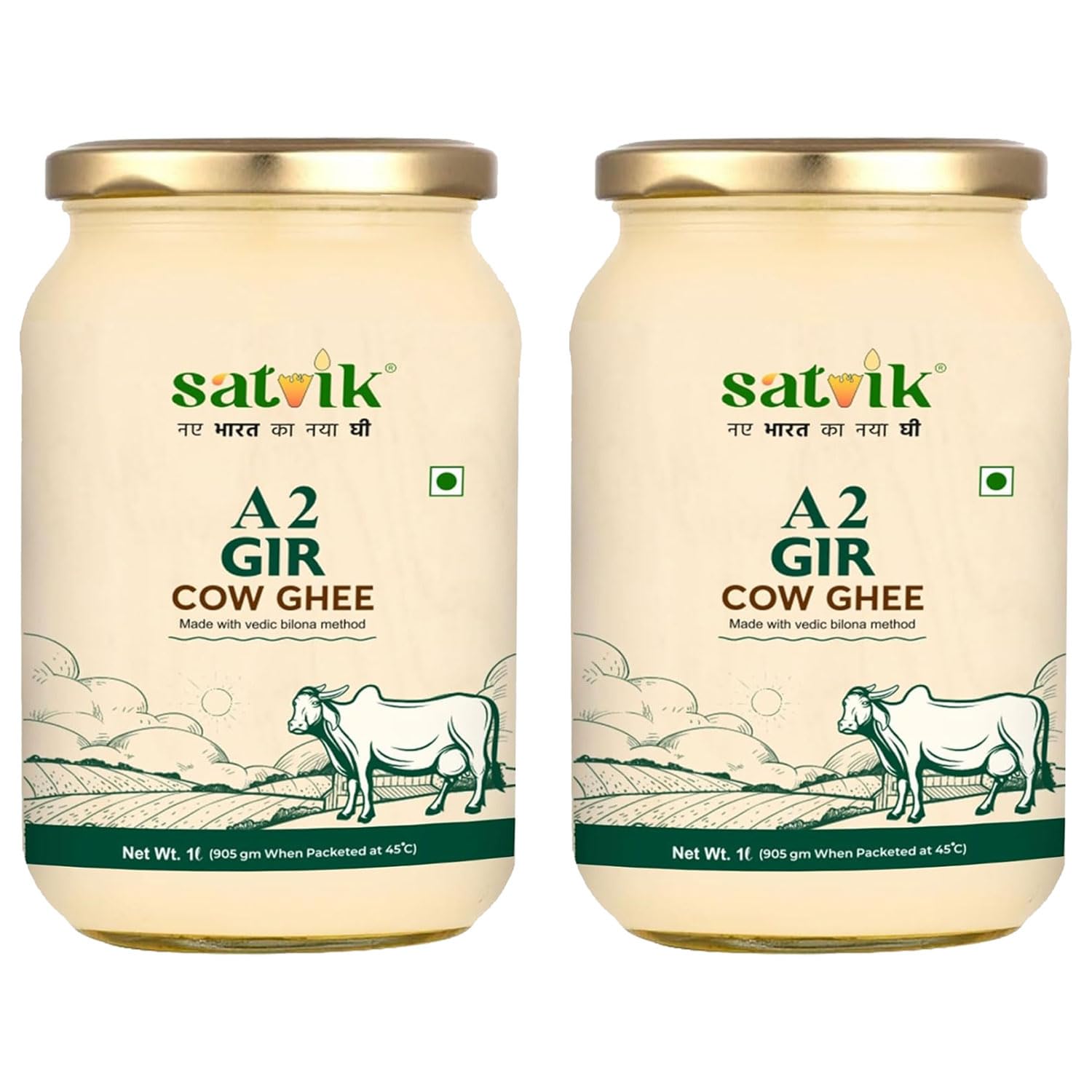 SATVIK PURE GHEE A2 Gir Cow Ghee 1 Litre Churned From Vedic Bilona Method Bilona Ghee A2 Cow Desi Ghee (Pack of 2)