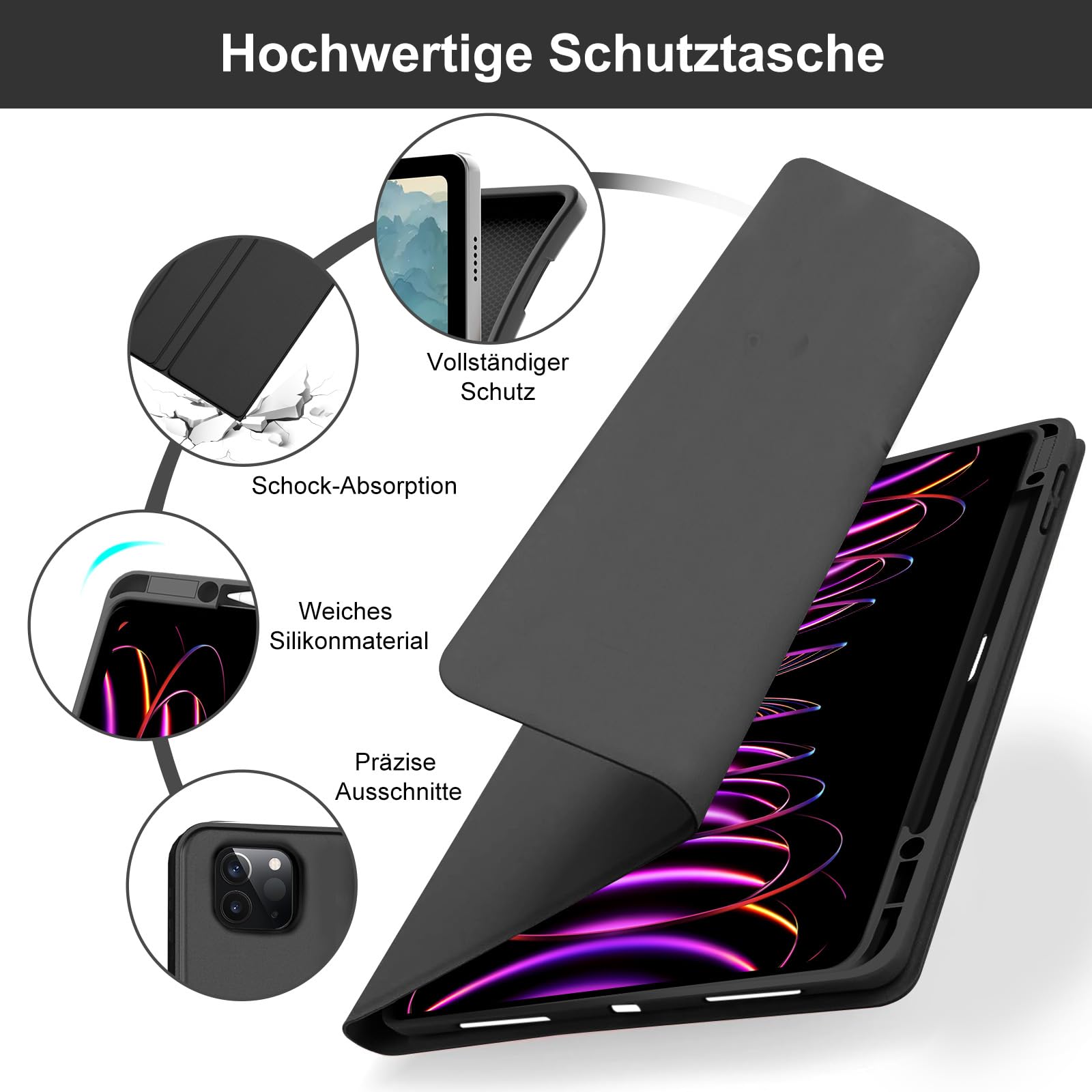 IVEOPPE Tastatur Hülle für iPad Pro 12,9 Zoll 6/5/4/3 Generation, Magnetisch abnehmbar mit Deutsches QWERTZ Layout Keyboard für iPad Pro 12.9", Soft TPU und Leder, Schwarz