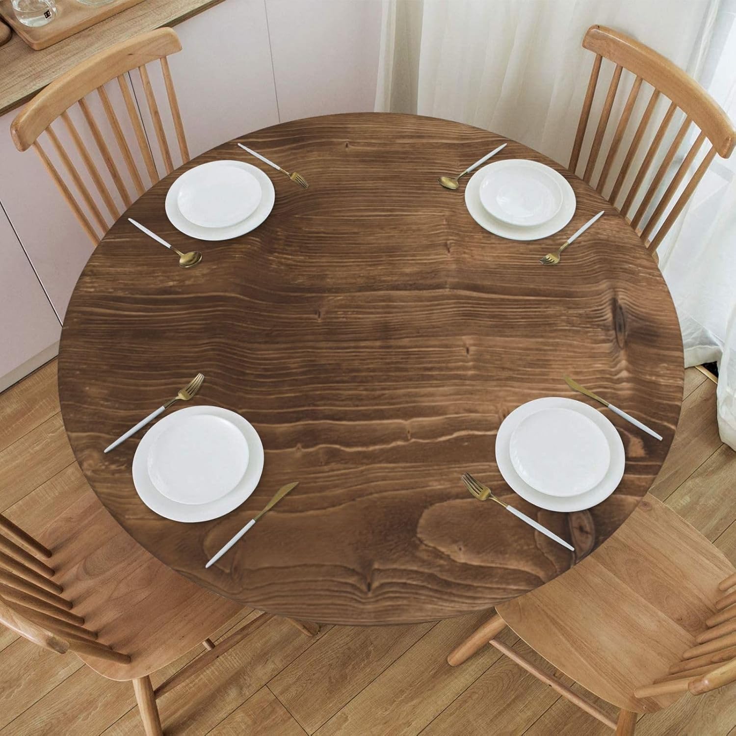 Round Fitted Tablecloth,Brown Wood, Elastic Edged Table Cover, Outdoor & Indoor, Picnic, Patio, Lodge Party Decor Present, Tablecloth Size 70"(Fit for 58.2"-62.1" Table)
