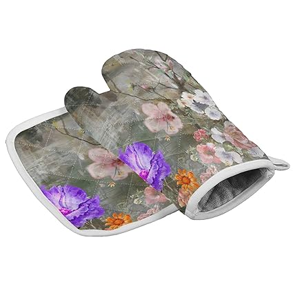 Flower Art Insulation Gloves and Pot Holders Polyester Heavy Duty Cooking Gloves for Cooking Baking Grilling Pot Holders Sets 2 PCS Vintage Morning Glory Oil Painting