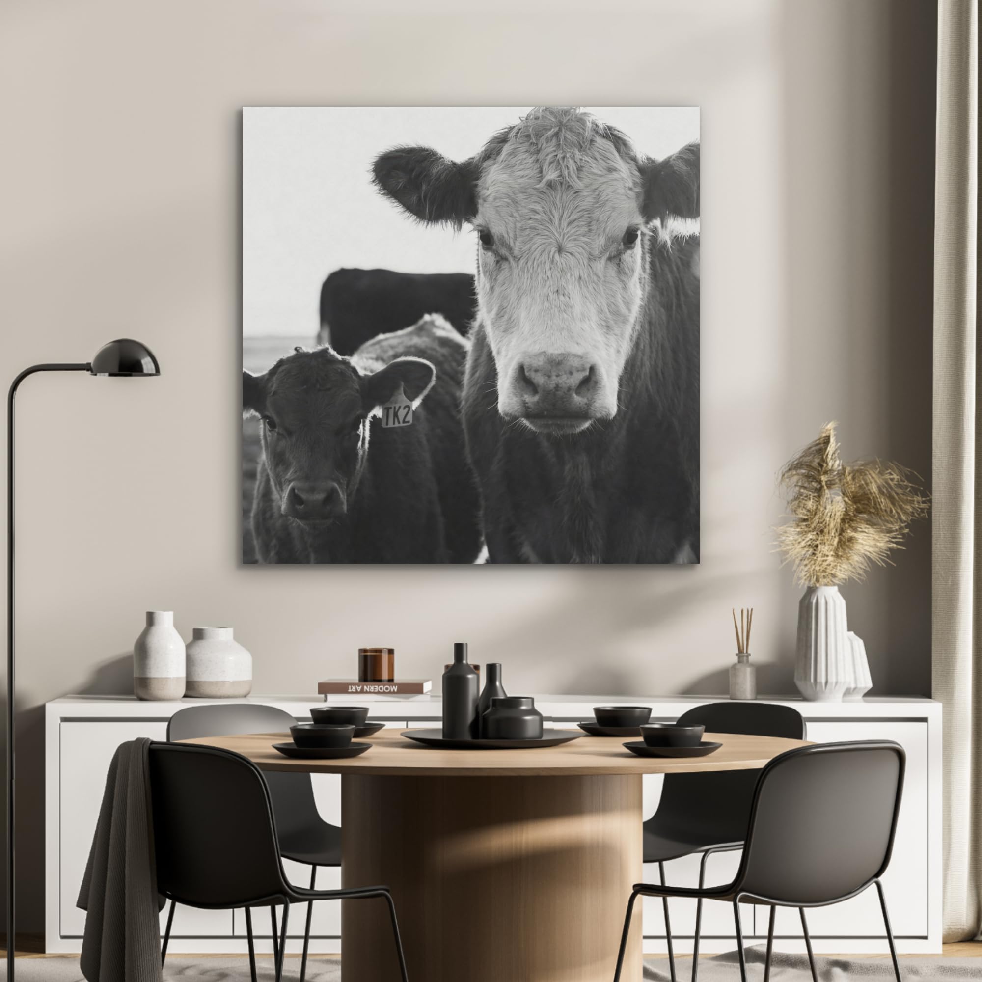 MuchoWow© Creazione Parete 90x90 cm Feltro Moderno Soggiorno Stanza Letto Quadro Cornice Salotto Mucche - Bianco e nero