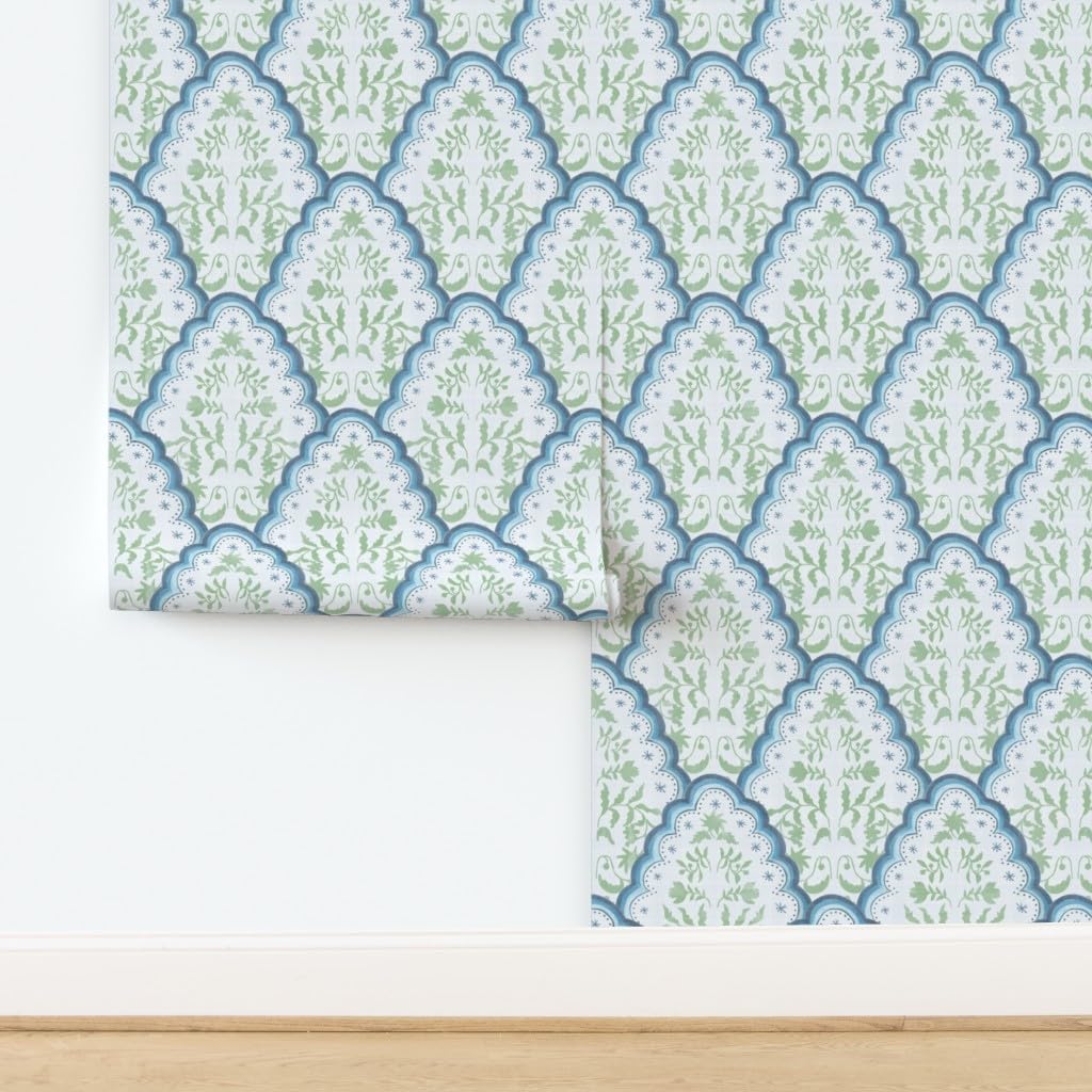 Removable Wallpaper Swatch - Scallop Botanical India Paisley Block Print Blue and Green French Country Custom Pre-Pasted Wallpaper by Spoonflower