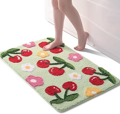 Miniatura 14 de Anybar Alfombras de Baño Rosas Lindas Alfombra de Baño de Cerezas Accesorios de Baño Coloridos, Alfombra de Flores Divertida Antideslizante Alfombra
