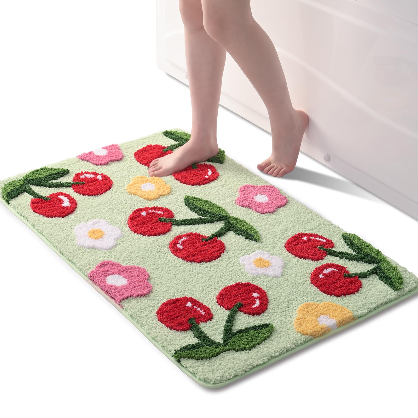 Anybar Green Bathroom Rugs Cute Cherry Bath Mat Coloful Bathroom Accessories, Funny Flower Rug Non Slip Floor Mat, Machine Washable Bath Rug Soft
