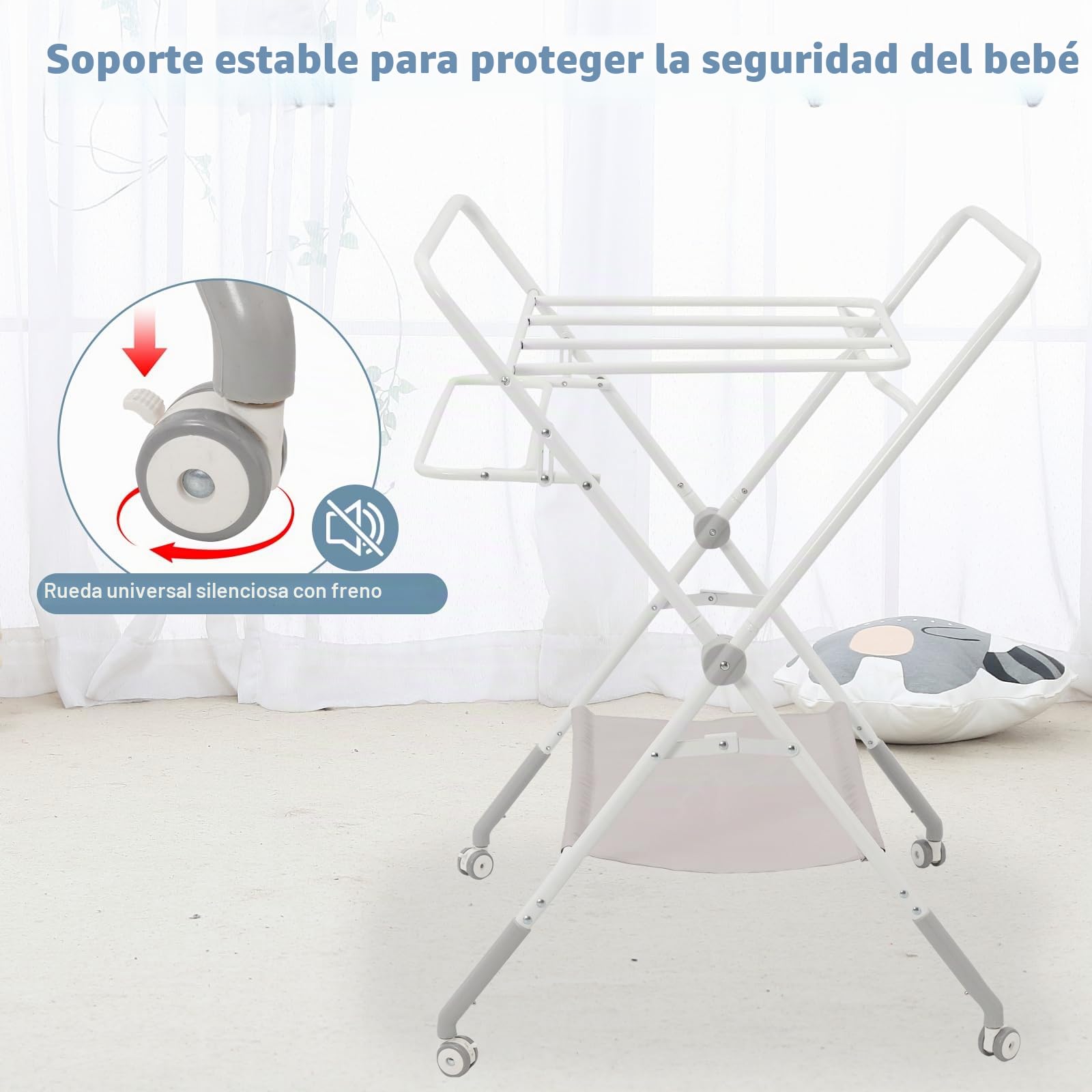 Cambiador plegable para bebé con patas de altura ajustable y ruedas bloqueables | Cambiador portátil antivuelco con almacenamiento para recién nacidos de 0 a 12 meses (gris)