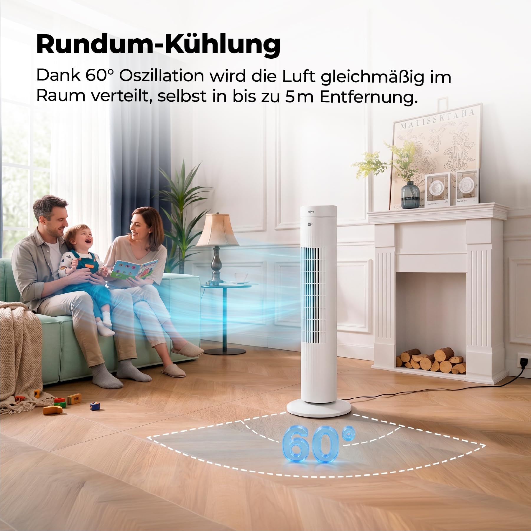 aeco AirX SPIN Turmventilator mit Fernbedienung, 76 cm Höhe, 60° oszillierender Ventilator mit Timerfunktion (7H), 3 Geschwindigkeiten, Power-Off-Funktion, leise für Schlafzimmer und Büro, Weiß