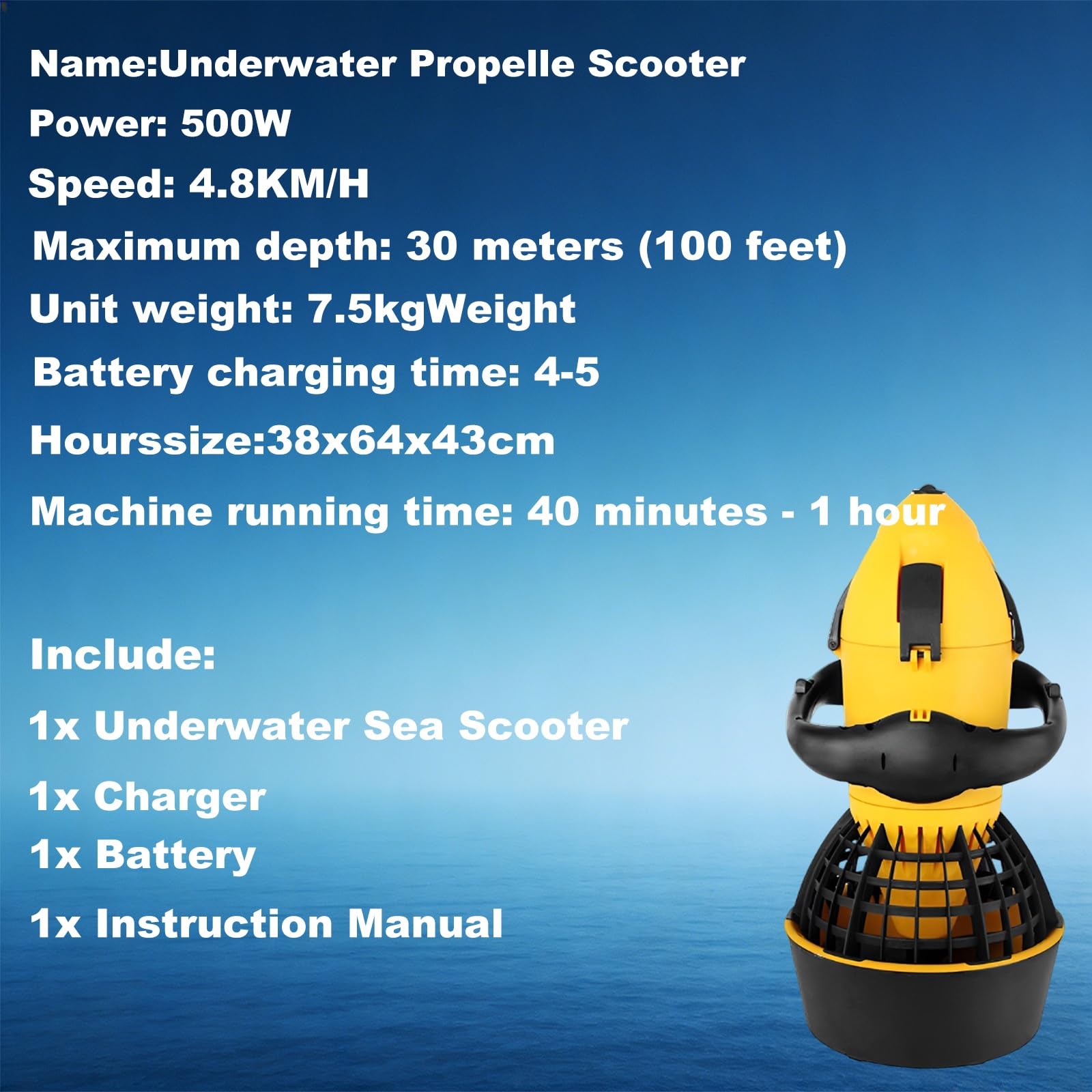 Propulsor eléctrico subacuático de 500 W, Resistente al Agua, de Doble Velocidad, Apto para Profundidades de hasta 25 Metros, Equipo para Deportes acuáticos y Aventuras