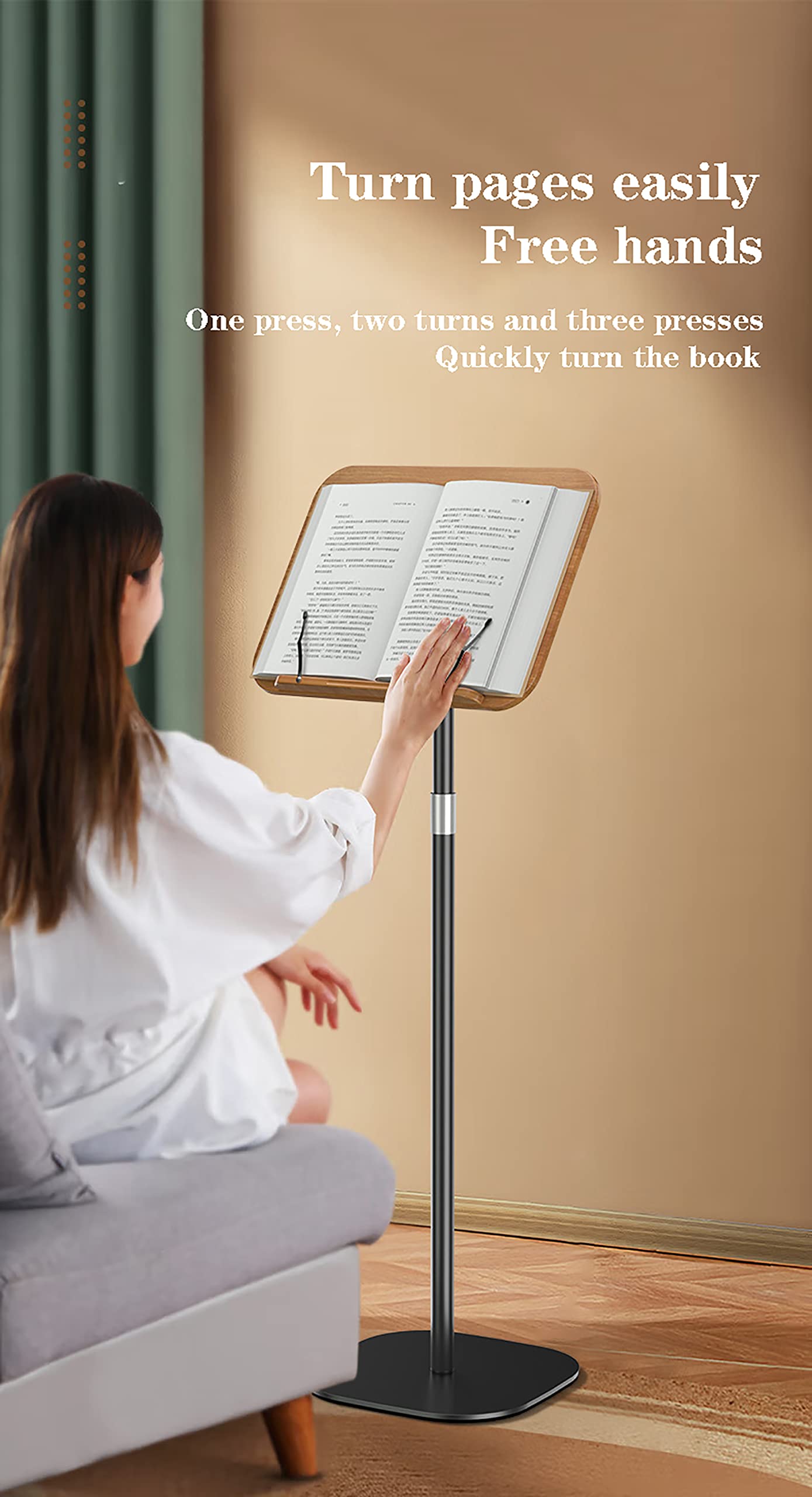 Leggio per libri per la lettura, altezza solida portatile e angoli regolabili, supporto per libri di grandi dimensioni con fermagli per pagine, struttura in legno e metallo robusto